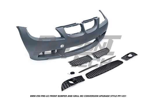 BMW 3 Series E90 Pre-LCI 2006 2007 2008 with Aftermarket Parts - M3 Conversion Upgrade Style Front Bumper and Grill & Fog Light PP Polypropylene/ABS from DuPont Tech
