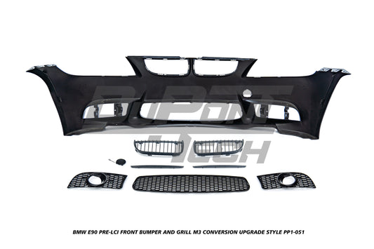 BMW 3 Series E90 Pre-LCI 2006 2007 2008 with Aftermarket Parts - M3 Conversion Upgrade Style Front Bumper and Grill & Fog Light PP Polypropylene/ABS from DuPont Tech
