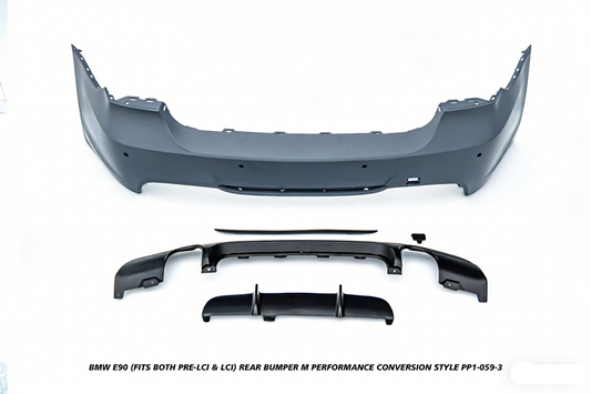 BMW 3 Series E90 (Fits Both Pre-LCI & LCI) 2006 2007 2008 2009 2010 2011 with Aftermarket Parts - M Performance Conversion Style Rear Bumper & Diffuser PP Polypropylene from DuPont Tech
