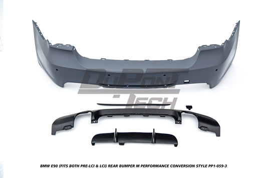 BMW 3 Series E90 (Fits Both Pre-LCI & LCI) 2006 2007 2008 2009 2010 2011 with Aftermarket Parts - M Performance Conversion Style Rear Bumper & Diffuser PP Polypropylene from DuPont Tech
