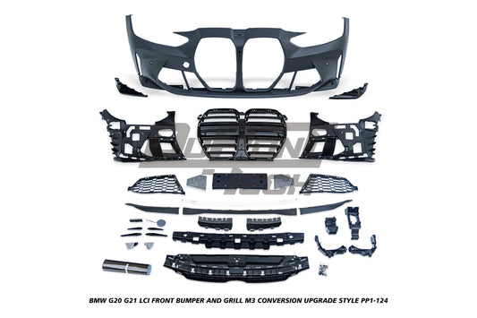 BMW 3 Series M340i 330i 320i G20 G21 LCI 2023-ON with Aftermarket Parts - M3 Conversion Upgrade Style Front Bumper and Grill PP Polypropylene/ABS from DuPont Tech
