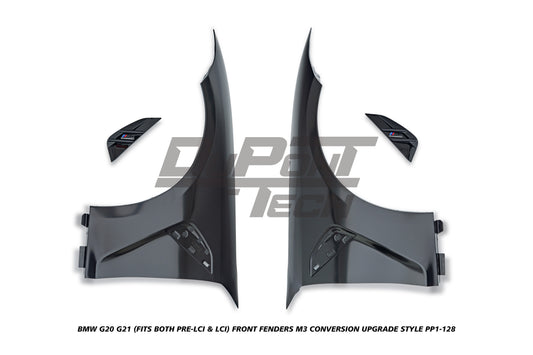 BMW 3 Series 330i M340i G20 G21 (Fits both Pre-LCI & LCI) 2019-ON with Aftermarket Parts - M3 Conversion Upgrade Style Front Fenders Metal from DuPont Tech
