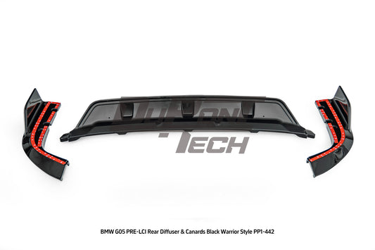 BMW X5 M50i s/x Drive 40i (With M-Package Bumper, does not fit base model) G05 Pre-LCI 2019 2020 2021 2022 2023 with Aftermarket Parts - Black Warrior Style Rear Diffuser &amp; Canards ABS from DuPont Tech