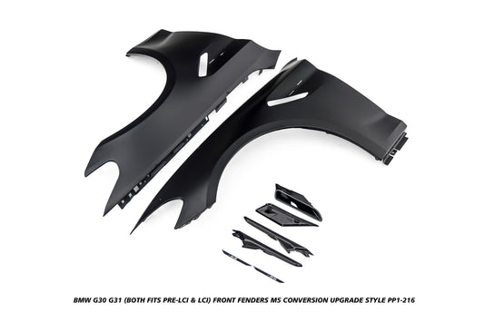 BMW 5 Series M550i 540i G30 G31 (Fits both Pre-LCI & LCI) 2017 2018 2019 2020 2021 2022 2023 with Aftermarket Parts - M5 Conversion Upgrade Style Front Fenders Metal from DuPont Tech