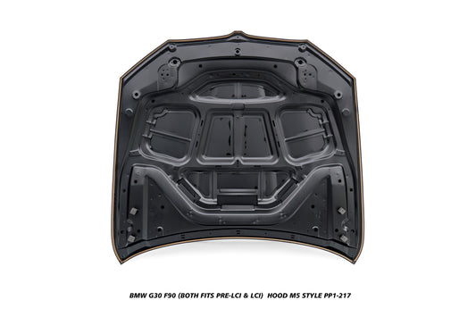 BMW 5 Series M550i 540i 530i G30 (fits both Pre-LCI &  LCI) 2017 2018 2019 2020 2021 2022 2023 & M5/M5C F90 (Fits Both Pre-LCI &  LCI) 2018-ON with Aftermarket Parts - M5 Style Hood Metal from DuPont Tech