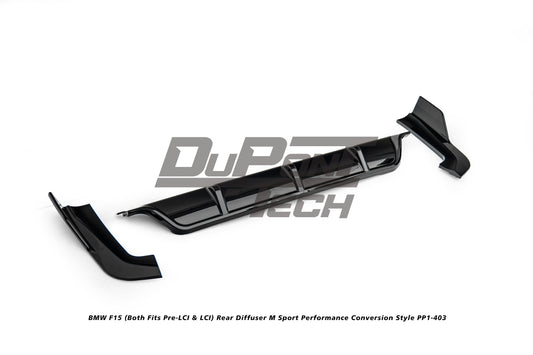 BMW X5 M50d xDrive50i (With M-Package Bumper, does not fit base model) F15 (Both Fits Pre-LCI &  LCI) 2014 2015 2016 2017 2018 with Aftermarket Parts - M Sport Performance Conversion Style Rear Diffuser ABS from DuPont Tech