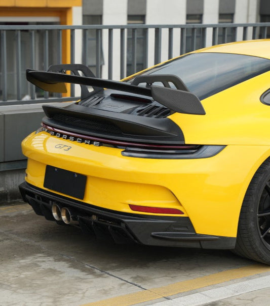 Porsche 911 992.1 Carerra Base/S/T/4/4S/Targa 4/Targa 4S/GTS 2020 2021 2022 2023 2024 & 911 992.2 Carerra Base/S/T/4/4S/Targa 4/Targa 4S/GTS 2025-ON & (designed to be installed on DuPont Tech GT3 conversion rear bumper ONLY) with Aftermarket Parts - GT3 Conversion Style Rear Bumper Lower Panel Dry Pre-preg Carbon Fiber from Dupont Tech