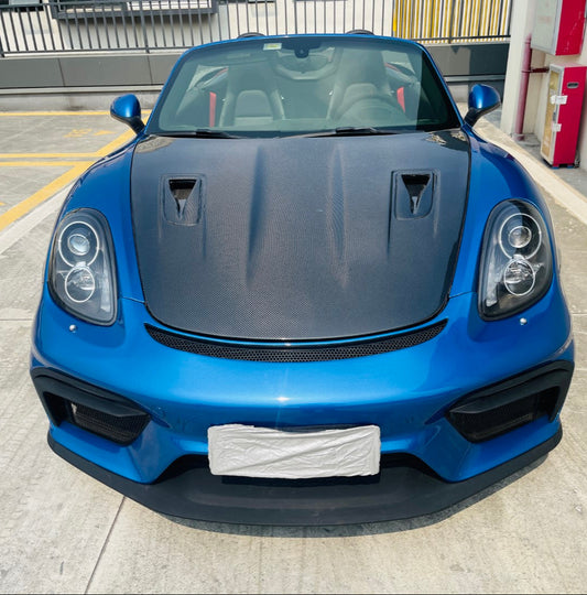 Porsche 981 Cayman & Boxster (all models, including Base / S / GTS / GT4 / Spyder) 2012 2013 2014 2015 2016 with Aftermarket Parts – GT4 Conversion Style Front Bumper & Trims (with & without GT4 Logo) PP Polypropylene / Dry Pre-preg Carbon Fiber from Dupont Tech