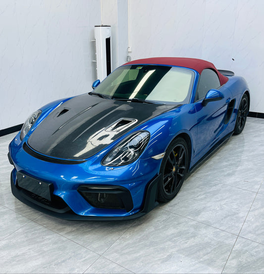 Porsche 981 Cayman & Boxster (all models, including Base / S / GTS / GT4 / Spyder) 2012 2013 2014 2015 2016 with Aftermarket Parts – GT4RS Conversion Style Front Bumper & Trims (with & without GT4RS Logo) PP Polypropylene / Dry Pre-preg Carbon Fiber from Dupont Tech