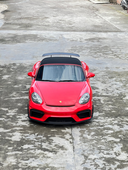 Porsche 987.1 987.2 Cayman & Boxster (all models, including Base / S / R) 2005 2006 2007 2008 2009 2010 2011 2012 with Aftermarket Parts – GT4RS Conversion Style Front Bumper & Trims PP Polypropylene / Dry Pre-preg Carbon Fiber from Dupont Tech