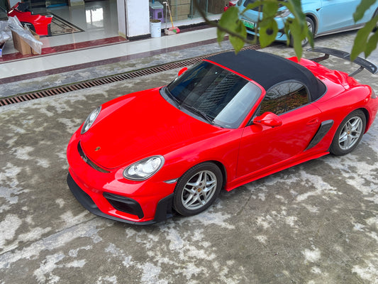 Porsche 987.1 987.2 Cayman & Boxster (all models, including Base / S / R) 2005 2006 2007 2008 2009 2010 2011 2012 with Aftermarket Parts – GT4RS Conversion Style Front Bumper & Trims PP Polypropylene / Dry Pre-preg Carbon Fiber from Dupont Tech