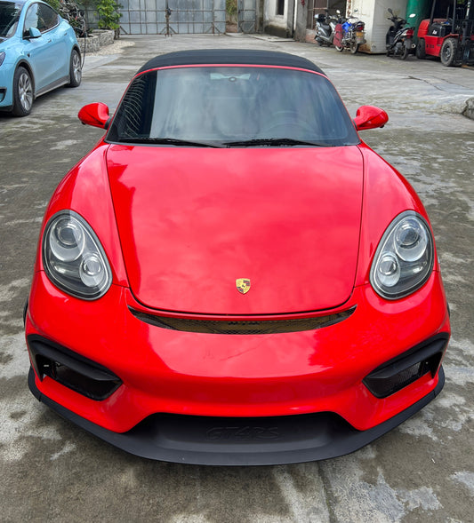 Porsche 987.1 987.2 Cayman & Boxster (all models, including Base / S / R) 2005 2006 2007 2008 2009 2010 2011 2012 with Aftermarket Parts – GT4RS Conversion Style Front Bumper & Trims PP Polypropylene / Dry Pre-preg Carbon Fiber from Dupont Tech