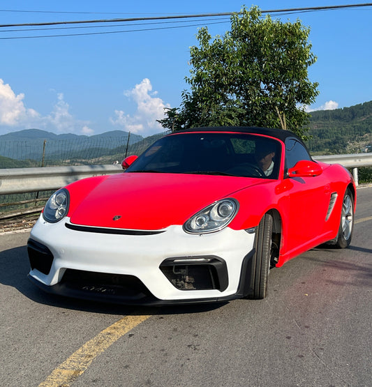 Porsche 987.1 987.2 Cayman & Boxster (all models, including Base / S / R) 2005 2006 2007 2008 2009 2010 2011 2012 with Aftermarket Parts – Spyder Conversion Style Front Bumper & Trims PP Polypropylene / Dry Pre-preg Carbon Fiber from Dupont Tech