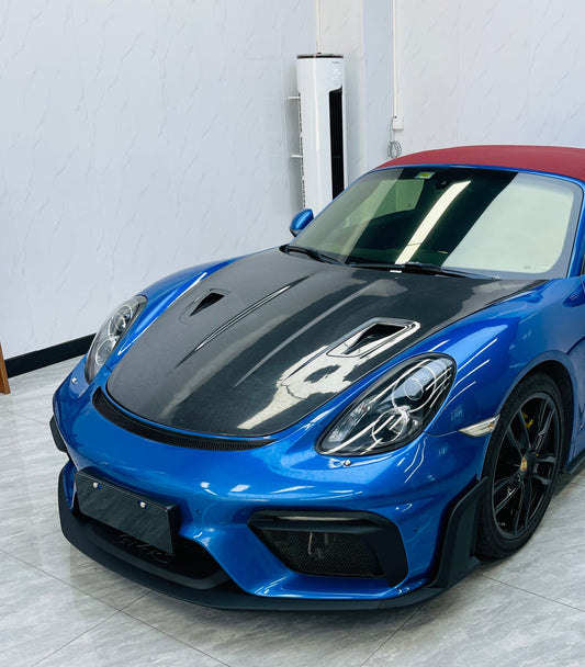 Porsche 981 Cayman & Boxster (all models, including Base / S / GTS / GT4 / Spyder) 2012 2013 2014 2015 2016 with Aftermarket Parts – GT4RS Conversion Style Front Bumper & Trims (with & without Spyder Logo) PP Polypropylene / Dry Pre-preg Carbon Fiber from Dupont Tech