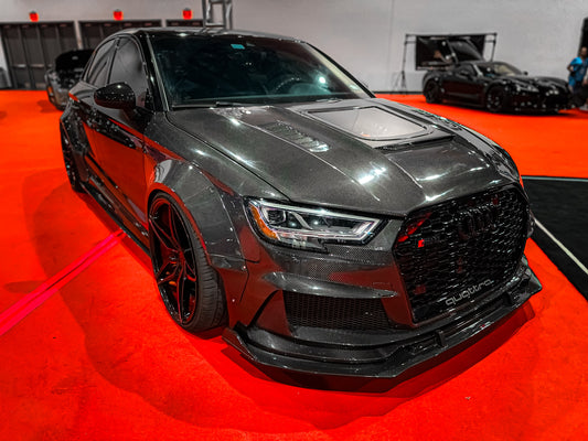 Audi RS3 8V.5 2018 2019 2020 with Aftermarket Parts - Front Lip Pre-preg Carbon Fiber from TAKD Carbon