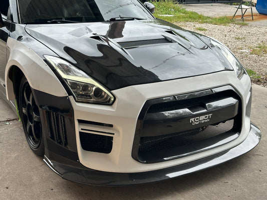 Nissan GTR Nismo Black Edition Track Edition Premium Base CBA DBA 2008 2009 2010 2011 2012 2013 2014 2015 2016 (for installation on 2017 2018 2019 2020 2021 2022 2023 2024 vehicles, 2008 2009 2010 2011 2012 2013 2014 2015 2016 hood is recommended) with Aftermarket Parts - "Godzilla" Widebody Front Bumper & Front Lip Carbon Fiber / FRP from Robot Craftsman