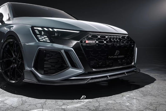 Audi RS3 8Y 2022 2023 2024 with Aftermarket Parts - V1 Front Lip Splitter Pre-preg Carbon Fiber from Future Design