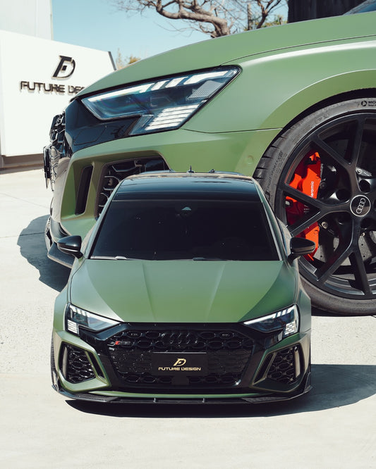Audi RS3 8Y 2022 2023 2024 with Aftermarket Parts - V1 Front Lip Splitter Pre-preg Carbon Fiber from Future Design