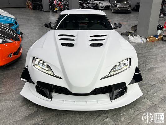 Toyota Supra MK5 A90 A91 3.0 2.0 2020-ON with Aftermarket Parts - Unicorn GT3 Clamshell Hood and Front Bumper & Steel Brackets and Cable for Clamshell Hood and Bumper Carbon Fiber/FRP/Steel from Geex Village