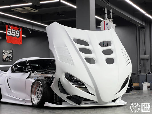 Toyota Supra MK5 A90 A91 3.0 2.0 2020-ON with Aftermarket Parts - Unicorn GT3 Clamshell Hood and Front Bumper & Steel Brackets and Cable for Clamshell Hood and Bumper Carbon Fiber/FRP/Steel from Geex Village