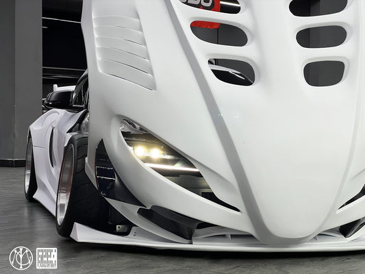 Toyota Supra MK5 A90 A91 3.0 2.0 2020-ON with Aftermarket Parts - Unicorn GT3 Clamshell Hood and Front Bumper & Steel Brackets and Cable for Clamshell Hood and Bumper Carbon Fiber/FRP/Steel from Geex Village