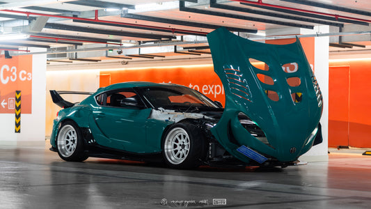 Toyota Supra MK5 A90 A91 3.0 2.0 2020-ON with Aftermarket Parts - Unicorn GT3 Clamshell Hood and Front Bumper & Steel Brackets and Cable for Clamshell Hood and Bumper Carbon Fiber/FRP/Steel from Geex Village