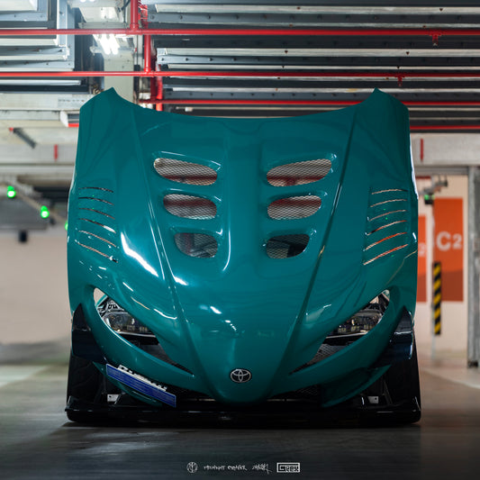Toyota Supra MK5 A90 A91 3.0 2.0 2020-ON with Aftermarket Parts - Unicorn GT3 Clamshell Hood and Front Bumper & Steel Brackets and Cable for Clamshell Hood and Bumper Carbon Fiber/FRP/Steel from Geex Village