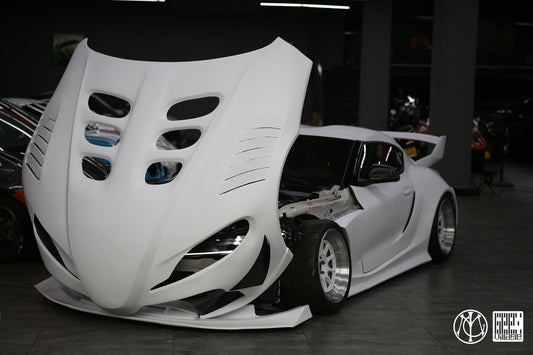 Toyota Supra MK5 A90 A91 3.0 2.0 2020-ON with Aftermarket Parts - Unicorn GT3 Clamshell Hood and Front Bumper & Steel Brackets and Cable for Clamshell Hood and Bumper Carbon Fiber/FRP/Steel from Geex Village