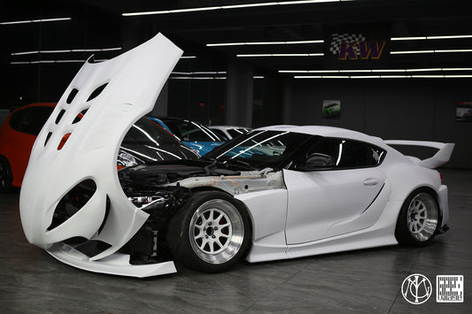 Toyota Supra MK5 A90 A91 3.0 2.0 2020-ON with Aftermarket Parts - Unicorn GT3 Clamshell Hood and Front Bumper & Steel Brackets and Cable for Clamshell Hood and Bumper Carbon Fiber/FRP/Steel from Geex Village