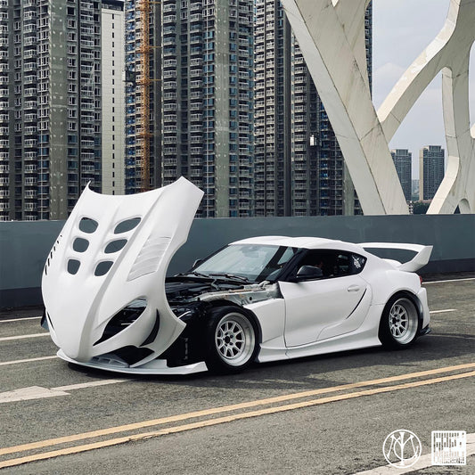 Toyota Supra MK5 A90 A91 3.0 2.0 2020-ON with Aftermarket Parts - Unicorn GT3 Clamshell Hood and Front Bumper & Steel Brackets and Cable for Clamshell Hood and Bumper Carbon Fiber/FRP/Steel from Geex Village