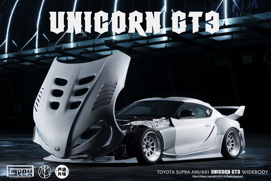 Toyota Supra MK5 A90 A91 3.0 2.0 2020-ON with Aftermarket Parts - Unicorn GT3 Clamshell Hood and Front Bumper & Steel Brackets and Cable for Clamshell Hood and Bumper Carbon Fiber/FRP/Steel from Geex Village