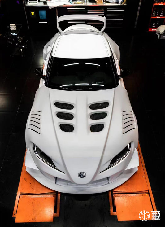 Toyota Supra MK5 A90 A91 3.0 2.0 2020-ON with Aftermarket Parts - Unicorn GT3 Clamshell Hood and Front Bumper & Steel Brackets and Cable for Clamshell Hood and Bumper Carbon Fiber/FRP/Steel from Geex Village