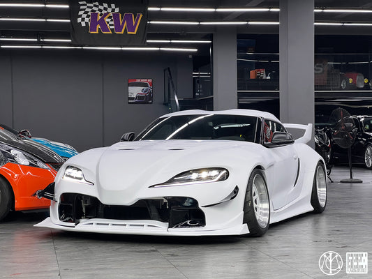 Toyota Supra MK5 A90 A91 3.0 2.0 2020-ON with Aftermarket Parts - Unicorn GT3 Clamshell Hood and Front Bumper & Steel Brackets and Cable for Clamshell Hood and Bumper Carbon Fiber/FRP/Steel from Geex Village