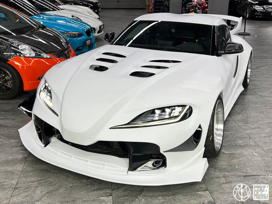 Toyota Supra MK5 A90 A91 3.0 2.0 2020-ON with Aftermarket Parts - Unicorn GT3 Clamshell Hood and Front Bumper & Steel Brackets and Cable for Clamshell Hood and Bumper Carbon Fiber/FRP/Steel from Geex Village