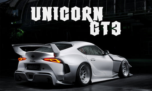 Toyota Supra MK5 A90 A91 3.0 2.0 2020-ON with Aftermarket Parts - Unicorn GT3 Widebody Fender Flares, Wheel Arches, and Side Skirts Carbon Fiber/FRP from Geex Village