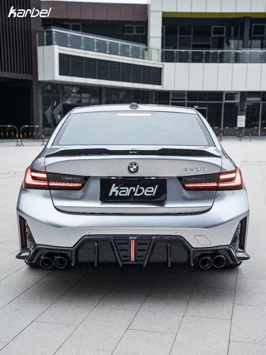 BMW 3 Series 330i (with M-package bumper, does not fit base model) M340i G20 G21 LCI 2023 2024 with Aftermarket Parts - V2 Style Diffuser & Canards Pre-preg Carbon Fiber from Karbel Carbon