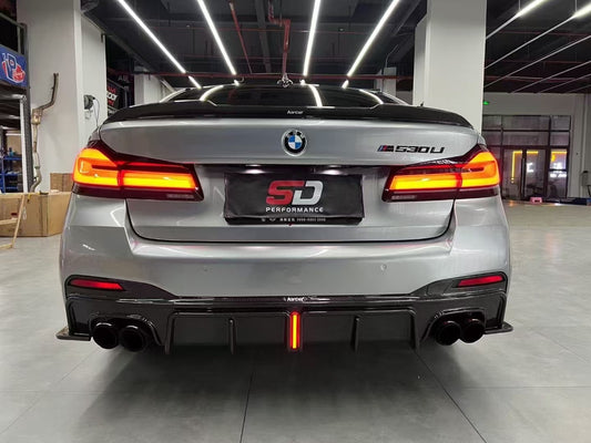 BMW 5 series M550 540 530 (with M-package bumper, does not fit base model) G30 LCI 2021 2022 2023 2024 with Aftermarket Parts - Rear Diffuser & Canards Pre-preg Carbon Fiber from Karbel Carbon