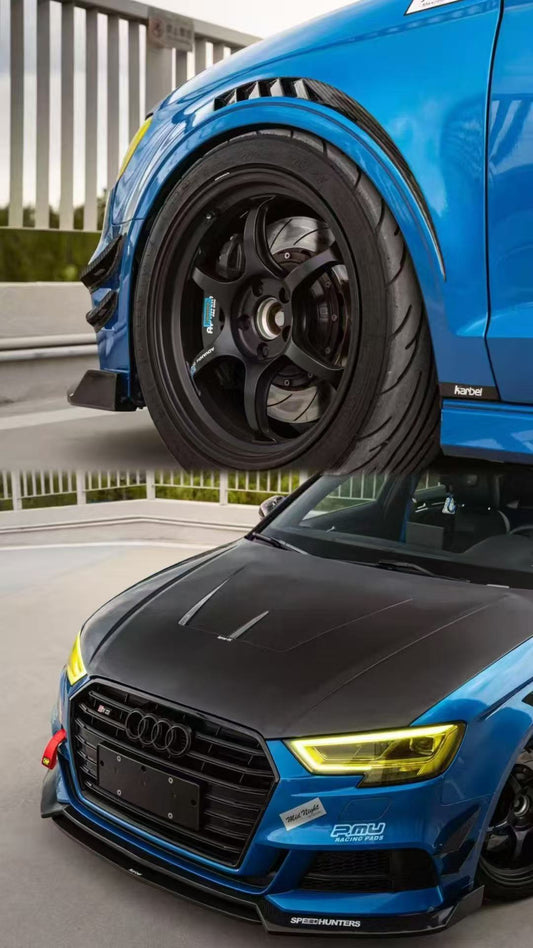 Audi S3 A3 8V.5 2015 2016 2017 2018 2019 2020 & RS3 8V.5 2018 2019 2020 With Aftermarket Parts - Front Fenders Pre-preg Carbon Fiber from Karbel Carbon