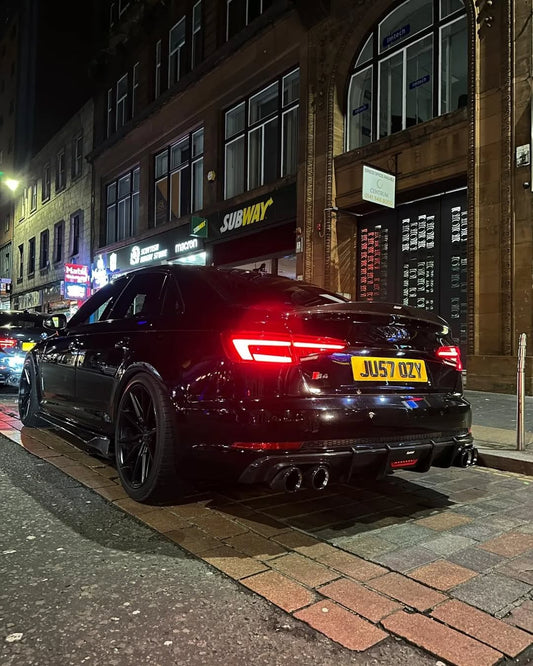 Audi S4 A4 (with S-line bumper, does not fit base model) B9 2017 2018 2019 with Aftermarket Parts - V1 (With LED Light) & V2 (Without LED Light) Style Rear Diffuser Pre-preg Carbon Fiber from Karbel Carbon