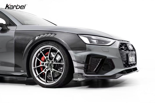 Audi S4 A4 S-line (with s-line bumper, does not fit base model) B9.5 2020 2021 2022 2023 2024 with Aftermarket Parts - V3 Front Canards Pre-preg Carbon Fiber from Karbel Carbon