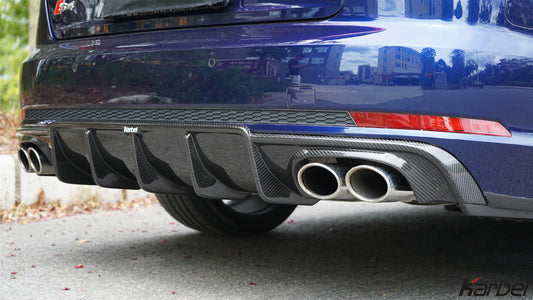 Audi S4 A4 (with S-line bumper, does not fit base model) B9 2017 2018 2019 with Aftermarket Parts - V1 (With LED Light) & V2 (Without LED Light) Style Rear Diffuser Pre-preg Carbon Fiber from Karbel Carbon