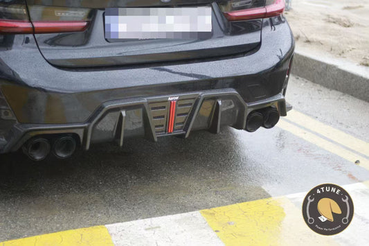 BMW 3 Series 330i (with M-package bumper, does not fit base model) M340i G20 G21 LCI 2023 2024 with Aftermarket Parts - V2 Style Diffuser & Canards Pre-preg Carbon Fiber from Karbel Carbon