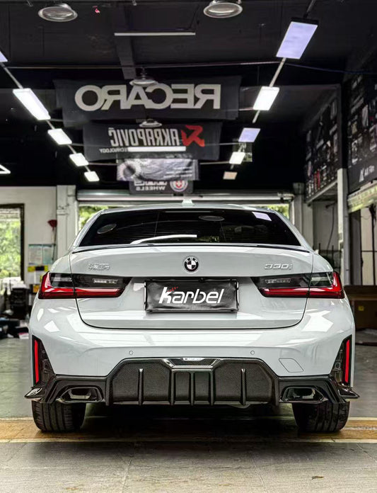 BMW 3 Series 330i (with M-package bumper, does not fit base model) M340i G20 G21 LCI 2023-ON with Aftermarket Parts - Rear Diffuser & Canards Pre-preg Carbon Fiber from Karbel Carbon