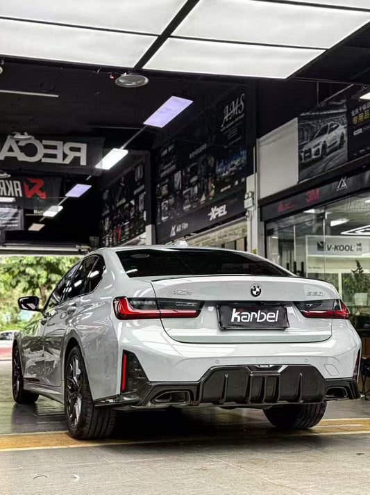 BMW 3 Series 330i (with M-package bumper, does not fit base model) M340i G20 G21 LCI 2023-ON with Aftermarket Parts - Rear Diffuser & Canards Pre-preg Carbon Fiber from Karbel Carbon
