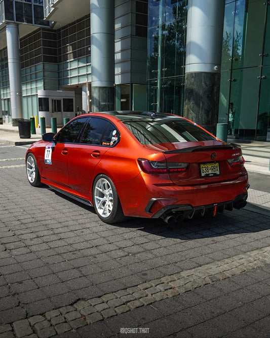 BMW 3 Series 330i (with M-package bumper, does not fit base model) M340i G20 G21 Pre-LCI 2019 2020 2021 2022 with Aftermarket Parts - Rear Diffuser & Canards Pre-preg Carbon Fiber from Karbel Carbon
