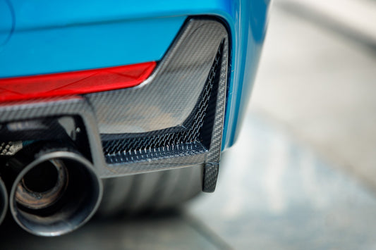 BMW 4 Series 430 440 (with M-Package bumper, does not fit base model) F32 / F33 2017 2018 2019 2020 with Aftermarket Parts - Rear Diffuser & Canards Dry Pre-preg Carbon Fiber from Karbel Carbon
