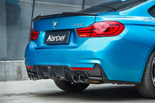 BMW 4 Series 430 440 (with M-Package bumper, does not fit base model) F32 / F33 2017 2018 2019 2020 with Aftermarket Parts - Rear Diffuser & Canards Dry Pre-preg Carbon Fiber from Karbel Carbon