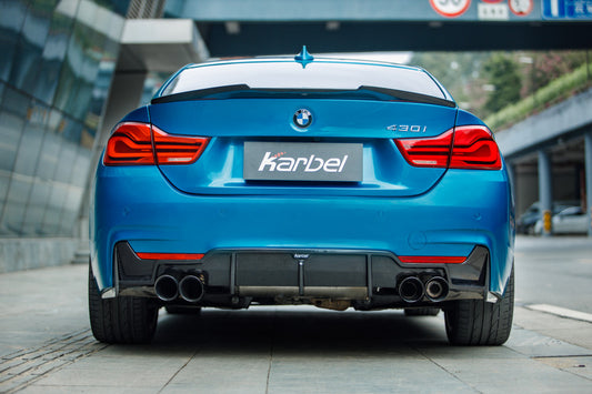 BMW 4 Series 430 440 (with M-Package bumper, does not fit base model) F32 / F33 2017 2018 2019 2020 with Aftermarket Parts - Rear Diffuser & Canards Dry Pre-preg Carbon Fiber from Karbel Carbon