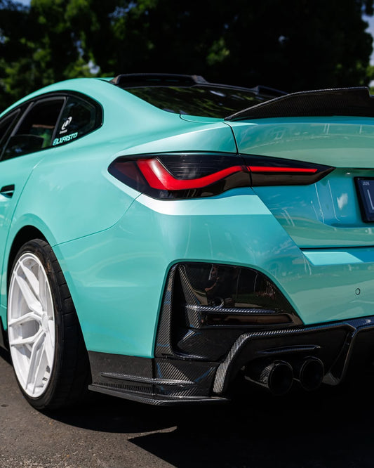 BMW 4 Series Gran Coupe M440i 430i (with M-package bumper, does not fit base model) G26 2022-ON with Aftermarket Parts - Rear Diffuser & Canards Pre-preg Carbon Fiber from Karbel Carbon