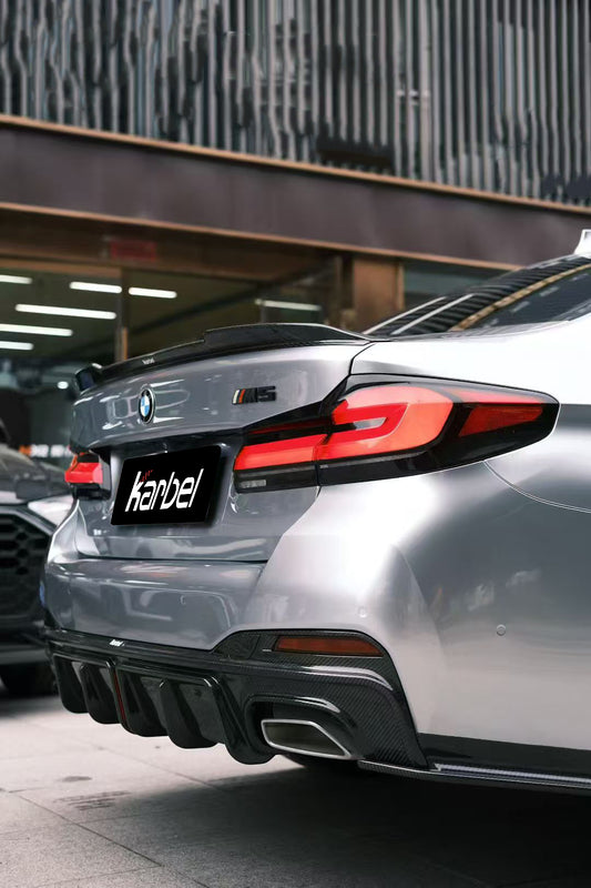 BMW 5 Series M550 540 530 (with M-package bumper, does not fit base model) G30 LCI 2021 2022 2023 2024 with Aftermarket Parts - Rear Diffuser & Canards Pre-preg Carbon Fiber from Karbel Carbon